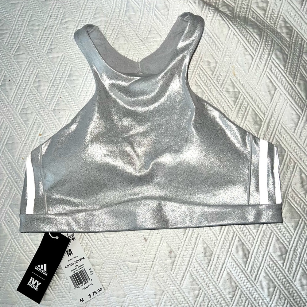 Ivy Park-Adidas Metallic Halter Bra Color: Light Solid Grey / Silver Metallic